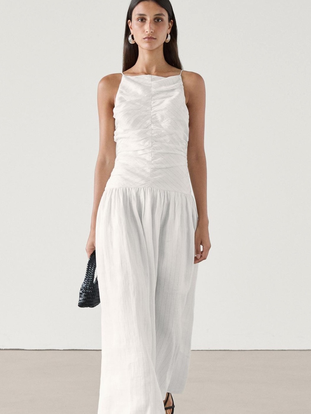 Massimo Dutti White Ruched Maxi Dress XS NWT